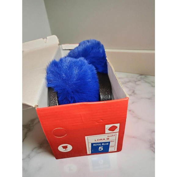 H2K Women's Size 7 Blue Fluffy Slide Slippers Soft Faux Fur Comfort - Picture 5 of 7
